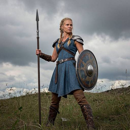 Viking Woman Warrior with Spear and Shield in Battlefield