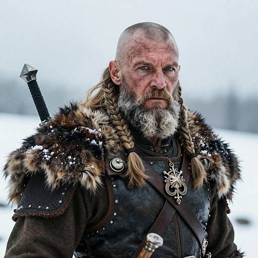 Viking Warrior in Fur Lined Armor with Braided Hair in Snow