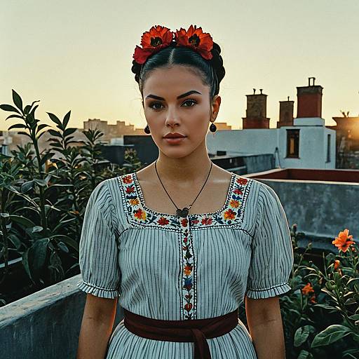 Young Woman in Traditional Embroidered Dress and Flower Crown on Rooftop