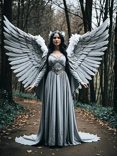 Woman in Grey Angel Wings Costume Full Body Cosplay Photo