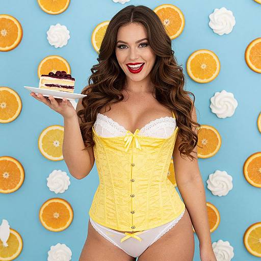 Cheerful Woman in Yellow Corset Holding Cherry Cake with Orange Slice Backdrop