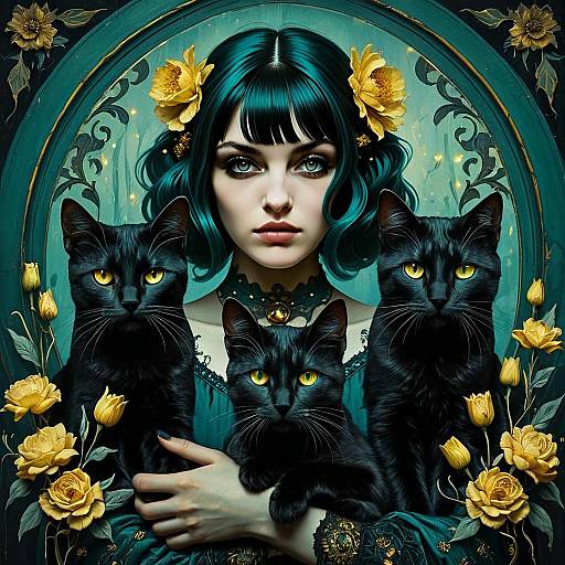 Dark Fantasy Portrait of Woman with Black Cats and Yellow Flowers