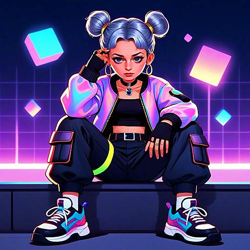 Stylish Gen Z Woman in Neon Cyberpunk Streetwear Digital Art