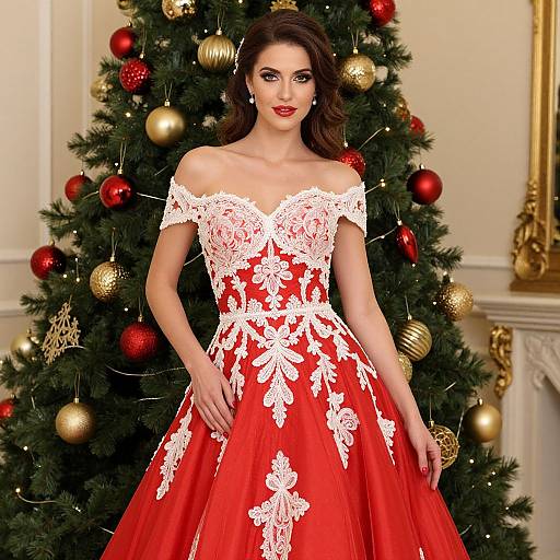 Elegant Woman in Red Lace Gown Standing by Christmas Tree
