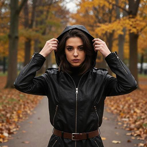 Confident Woman in Black Leather Jacket with Hood in Autumn Park