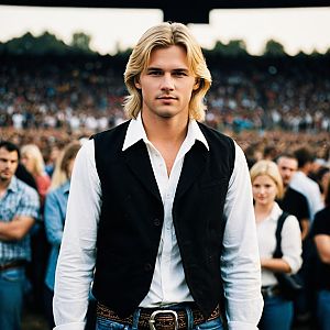 Portrait of Young Blonde Man in Vest at Outdoor Crowd Event