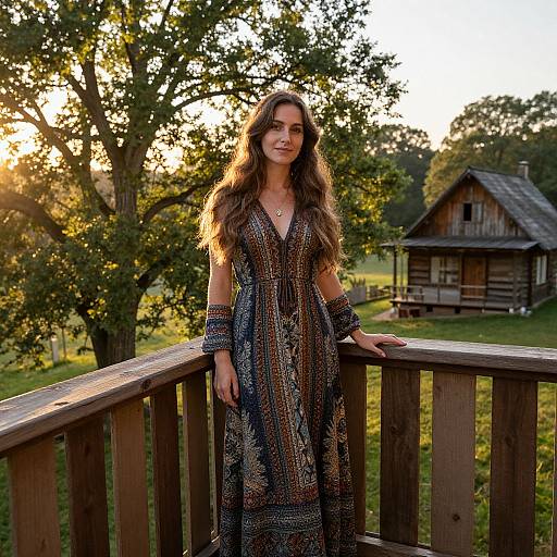 Woman in Bohemian Dress on Porch with Rustic Log Cabin at Sunset