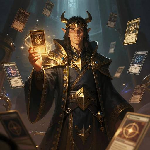 Fantasy Mage with Magical Cards and Horned Crown in Epic RPG Style