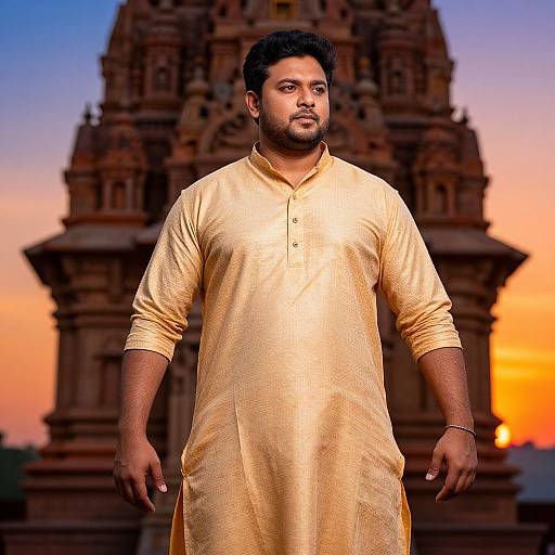 Man in Traditional Golden Kurta in Front of Temple at Sunset