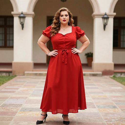Plus Size Woman Wearing Red 50s Style Dress Standing in Courtyard