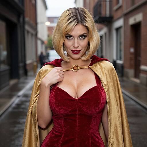 Woman in Red Velvet Dress and Gold Cape Urban Portrait