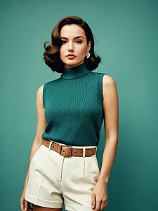 Retro-Modern Woman in Teal Turtleneck and Cream Shorts Fashion Portrait