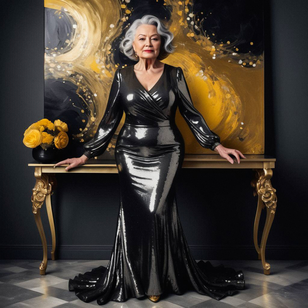 Elegant Woman in Black Gown with Abstract Art Elegant Woman in Black Gown with Abstract Art