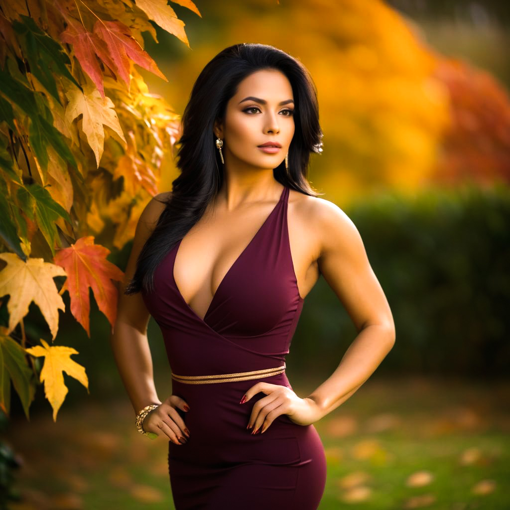 Elegant Woman in Burgundy Dress Amidst Autumn Foliage