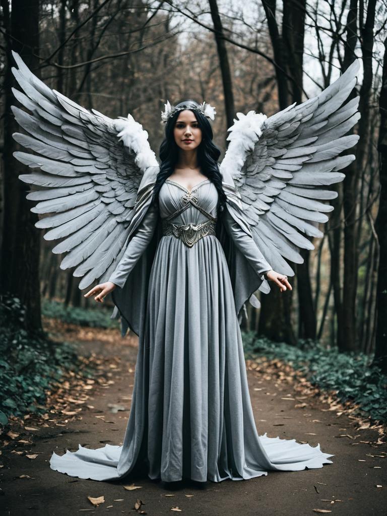 Woman in Grey Angel Wings Costume Full Body Cosplay Photo