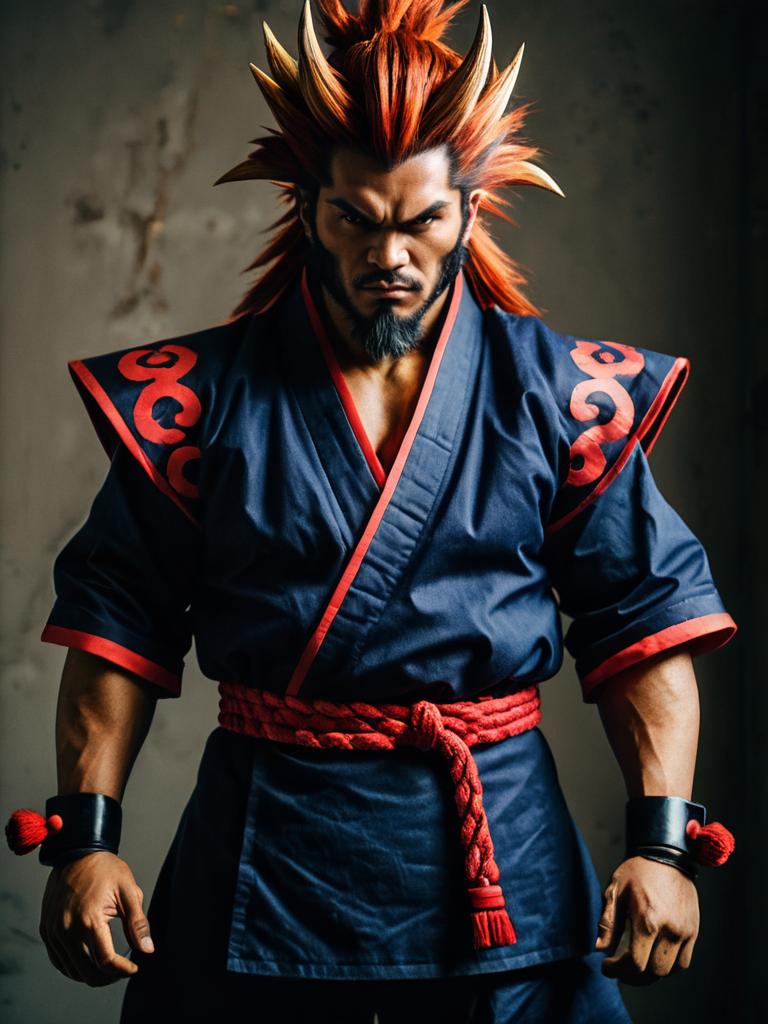 Realistic Akuma Cosplay Man Wearing Detailed Street Fighter Costume