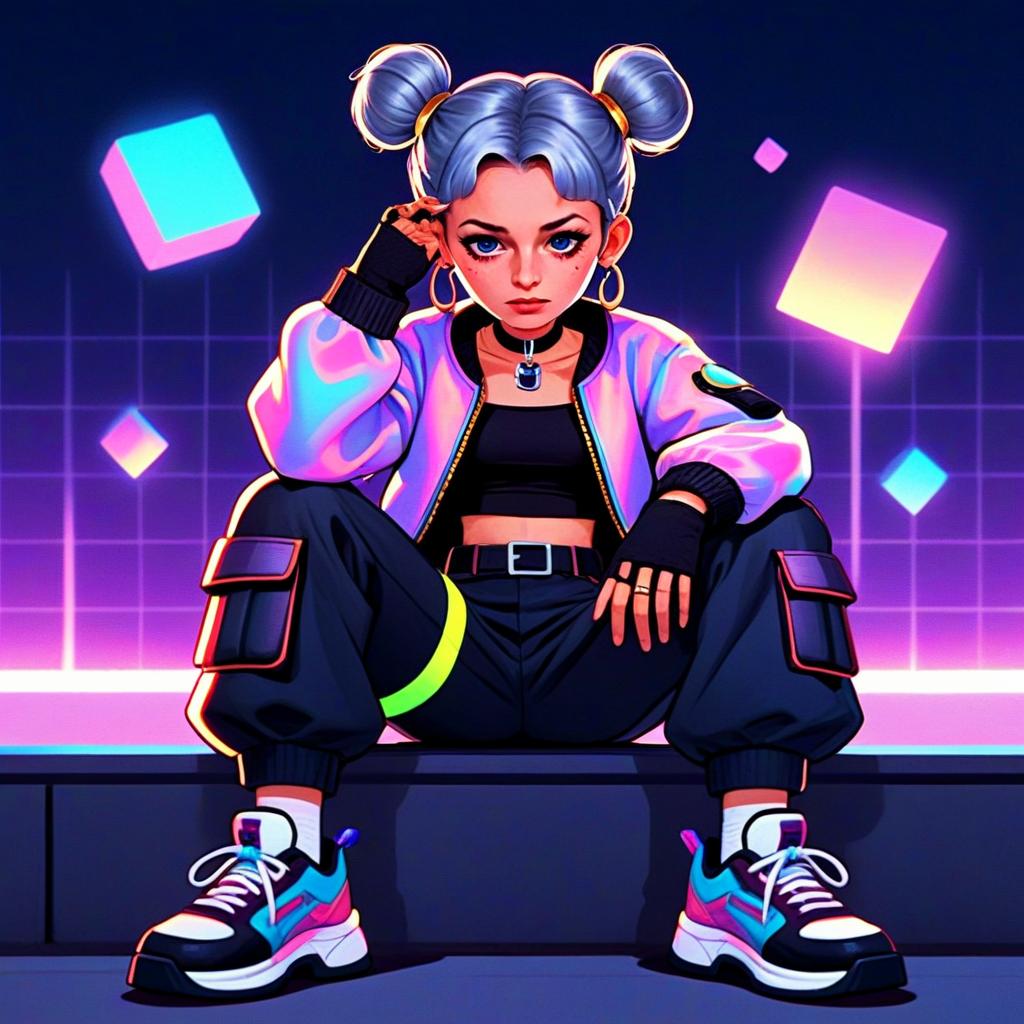 Stylish Gen Z Woman in Neon Cyberpunk Streetwear Digital Art