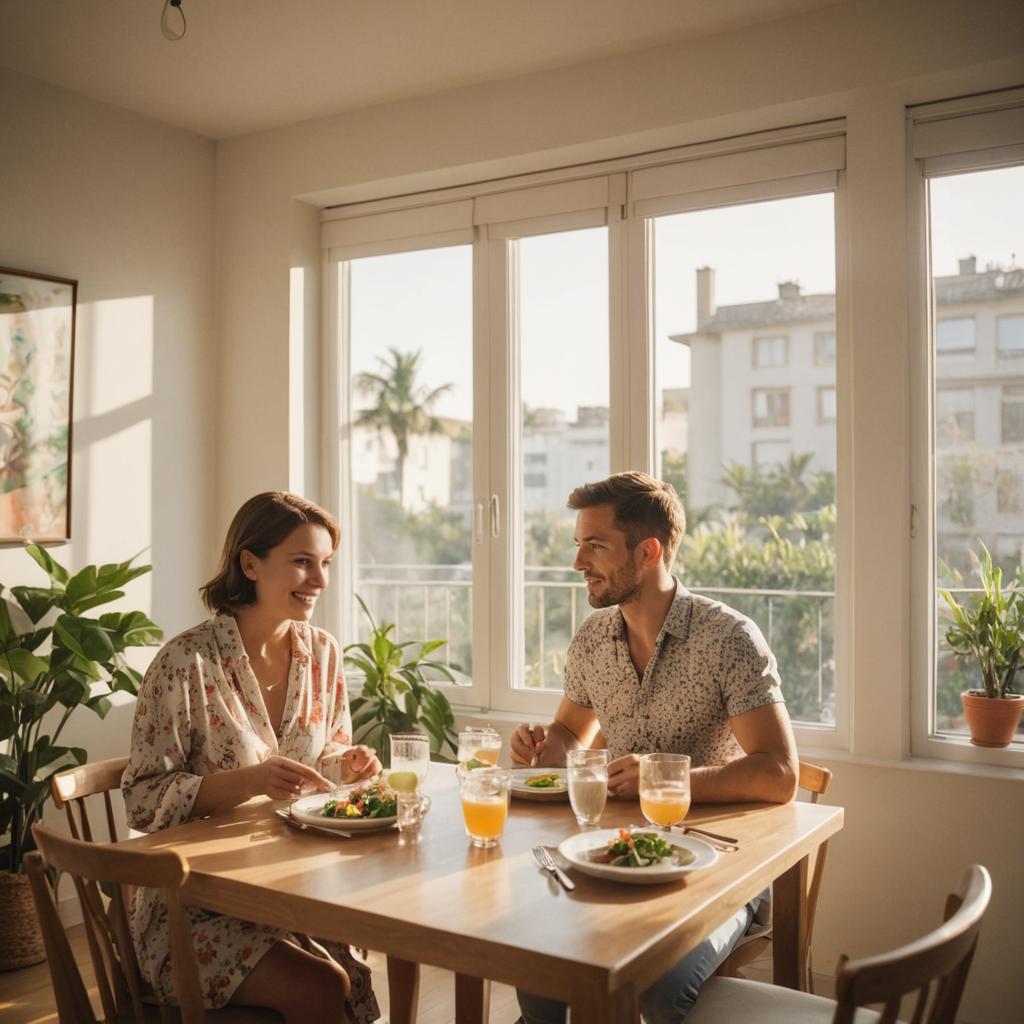 Cheerful couple enjoying a sunny meal at home