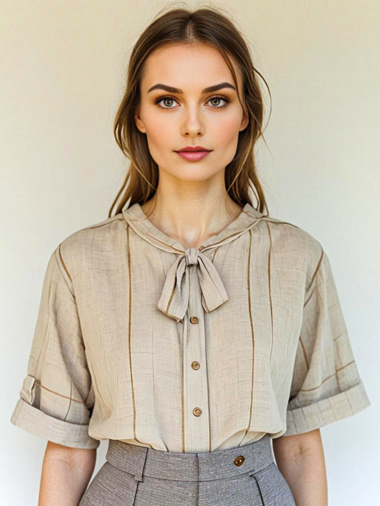 Elegant Woman in Beige Blouse with Bow Tie