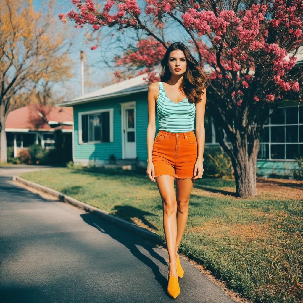 Confident woman in stylish spring outfit on suburban street
