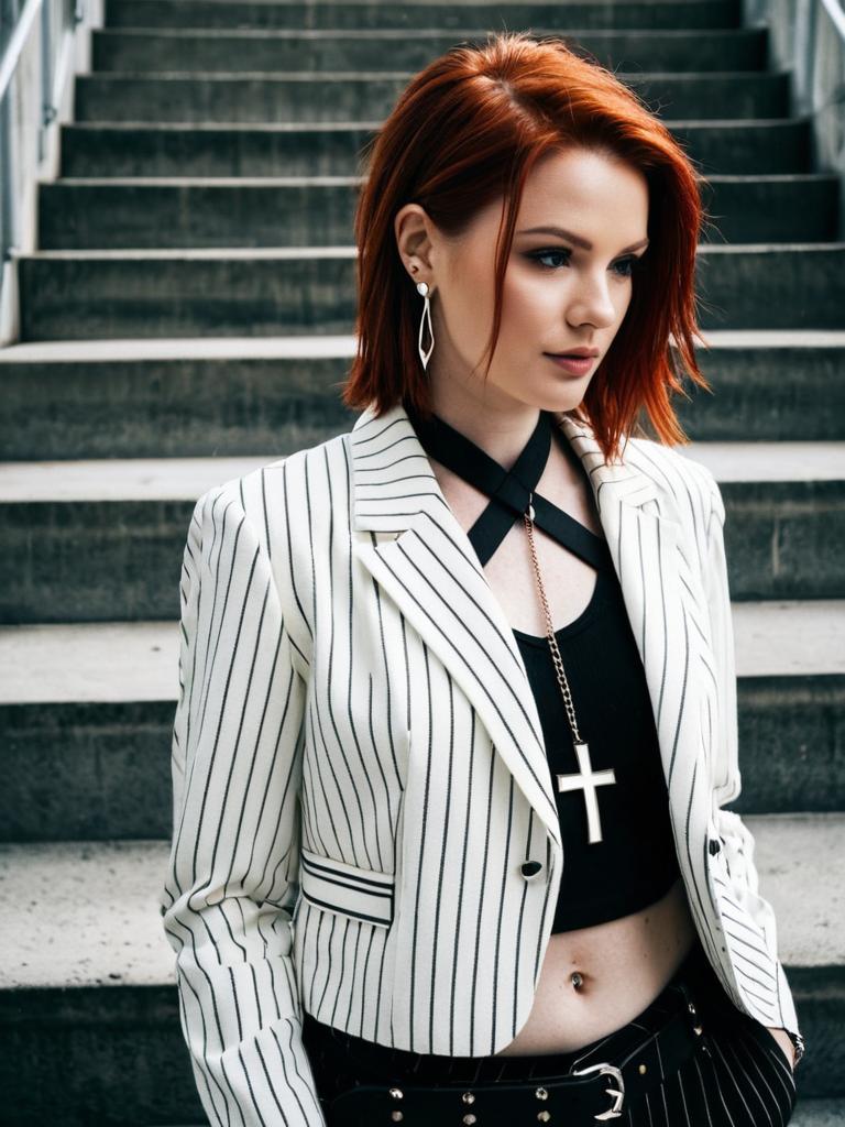 Confident Red-Haired Woman in White Pinstripe Blazer Portrait