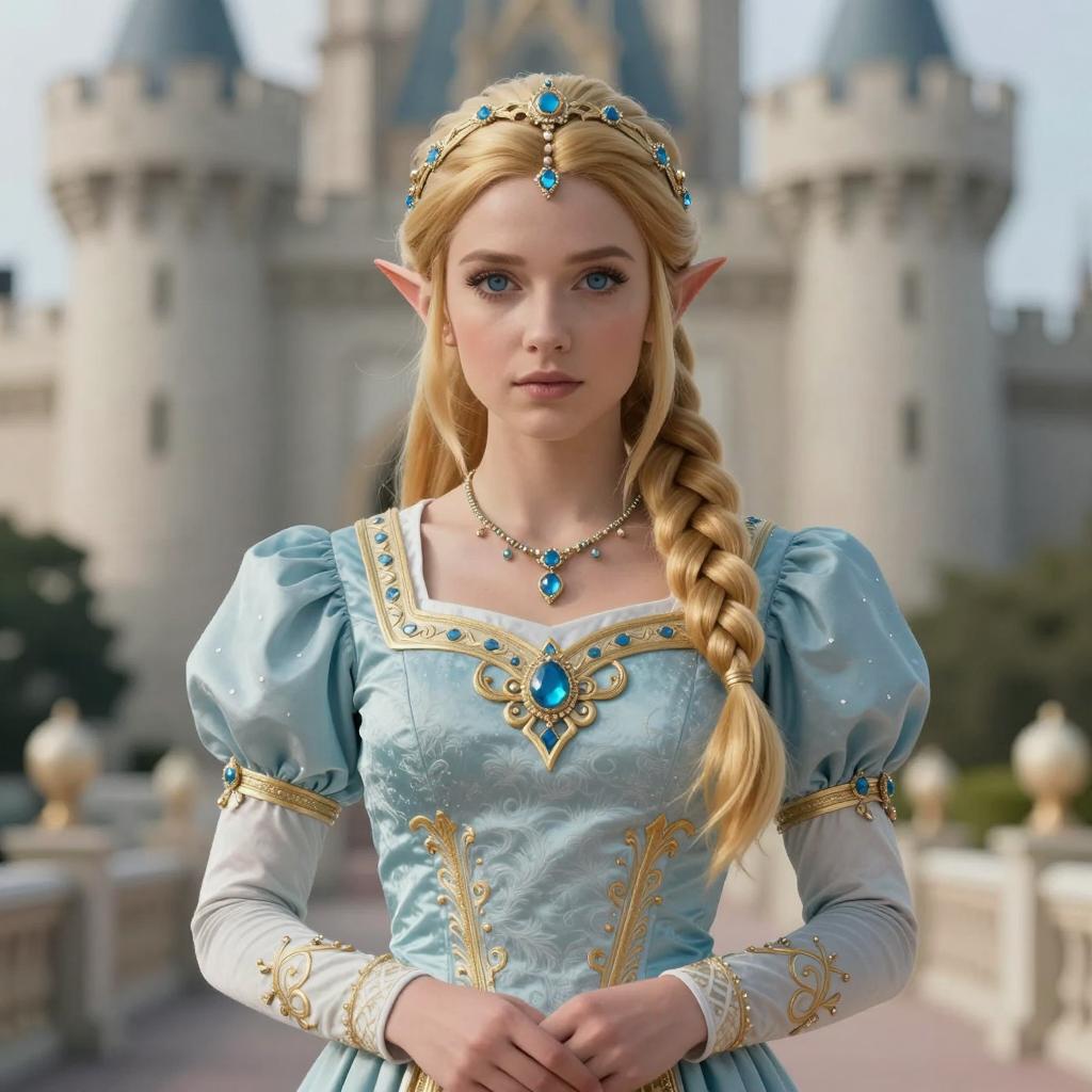 Elegant Elf Princess in Blue Gown with Castle Background