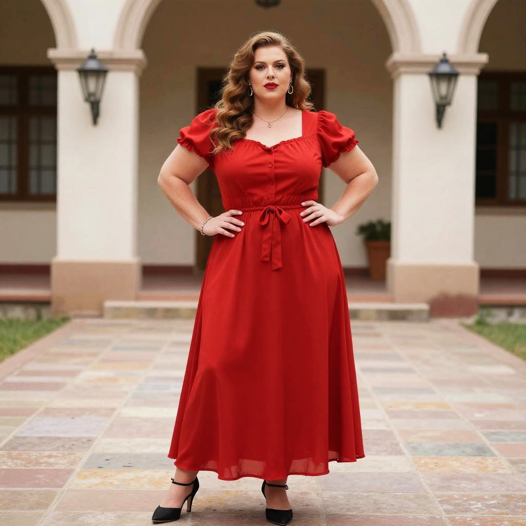 Plus Size Woman Wearing Red 50s Style Dress Standing in Courtyard