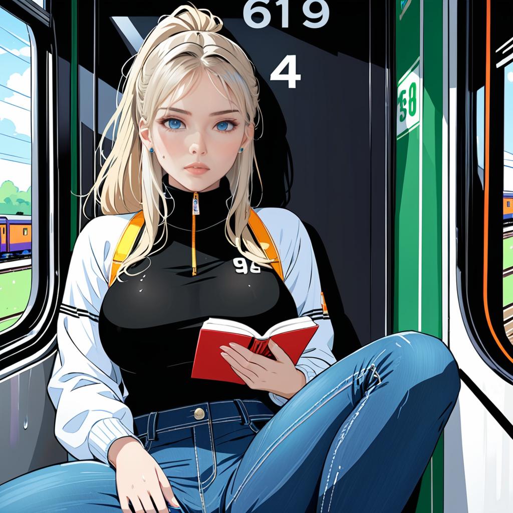 Anime girl on train with book