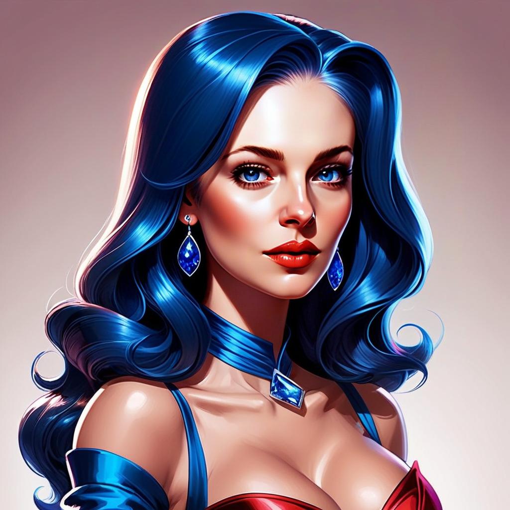 Digital Portrait of Woman with Blue Hair and Gemstone Jewelry