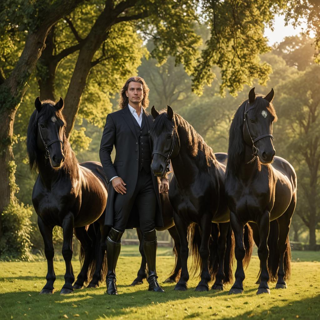 Elegant Man with Friesian Horses in Park