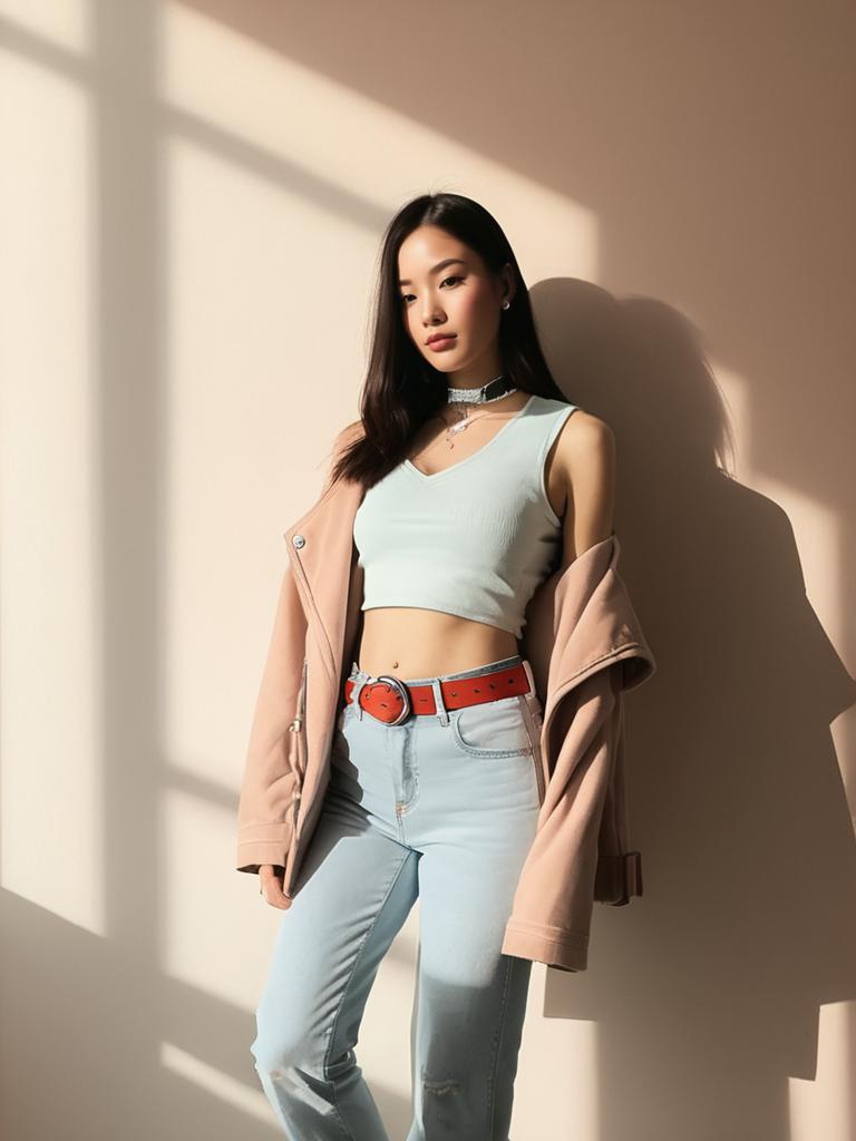 Edgy Streetwear Woman in Cropped Tank Top with Eyelash and Lips Graphic