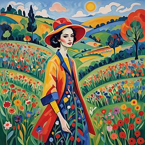 Woman in Red Hat in Flower Landscape