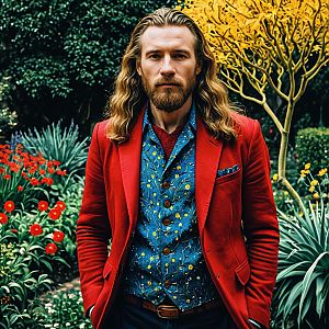 Stylish Man in Red Blazer and Blue Floral Vest in Vibrant Garden