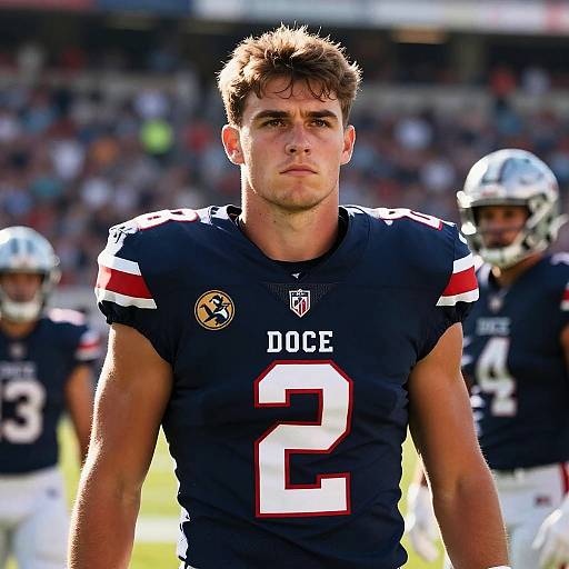 Focused Young Football Player Wearing DOCE Jersey Number 2 on Field