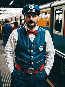 Man in Thomas the Train Costume Waist Up Cosplay Editorial Photo Realist