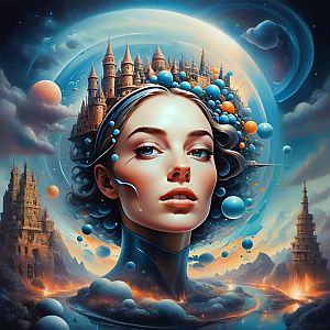 Serene Woman with Medieval Castles and Floating Spheres