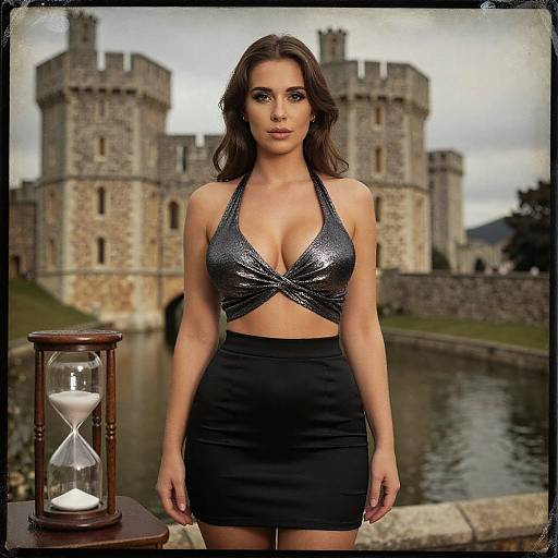 Hourglass Woman in Chic Metallic Halter Crop Top and Fitted Black Mini Skirt by Castle