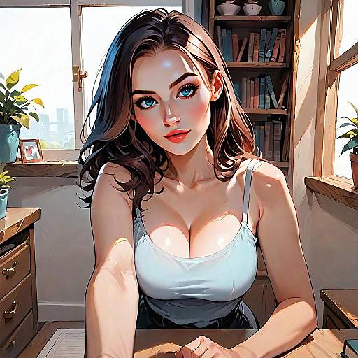 Digital Portrait of a Woman with Blue Eyes in a Sunlit Room