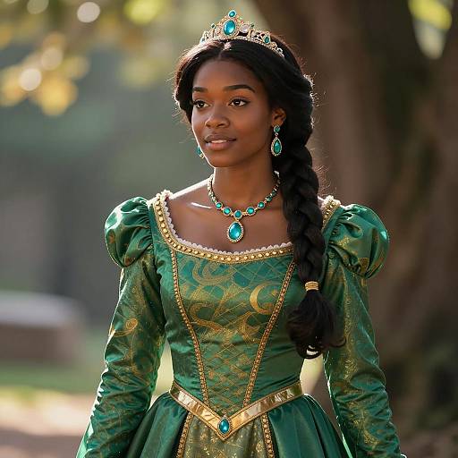 Regal Woman in Green Renaissance Style Dress with Turquoise Jewelry