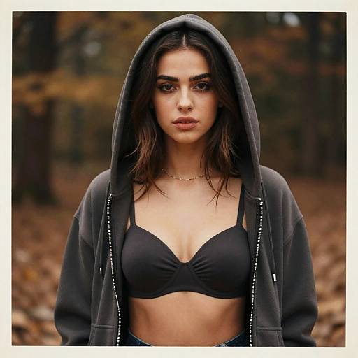 Confident Young Woman in Hoodie and Bra Outdoors in Autumn