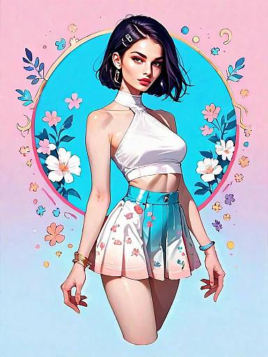 Stylish Woman in Floral Skirt with Comic Realistic Style Digital Illustration