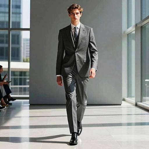 Young Man Modeling Tailored Grey Suit on Modern Runway