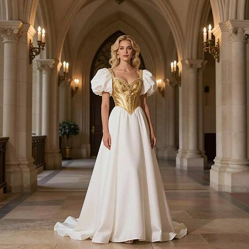 Elegant Woman in Regal White and Gold Renaissance-Style Gown in Grand Hallway