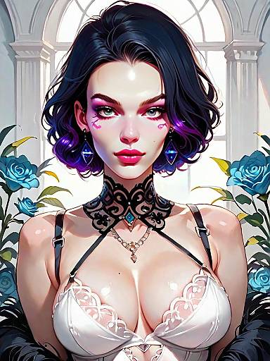 Realistic Woman in Floral Lace Bralette with Black Lace Choker and Purple Highlights