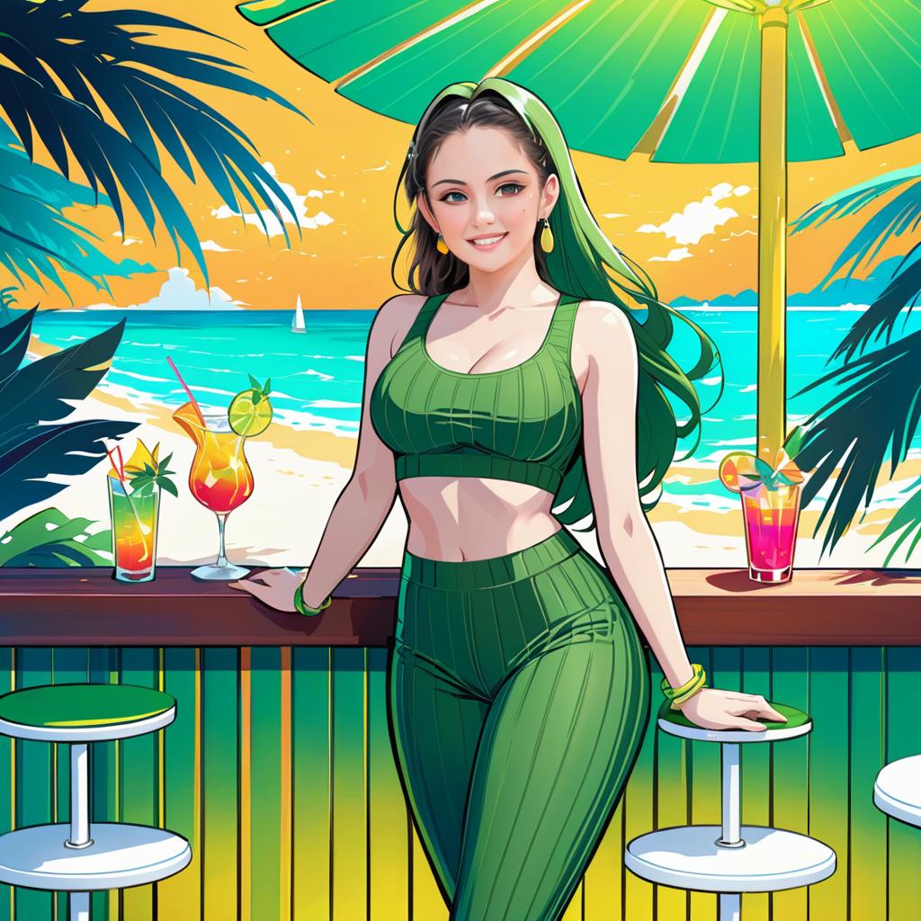 Anime Woman with Green Hair at Tropical Beach Bar