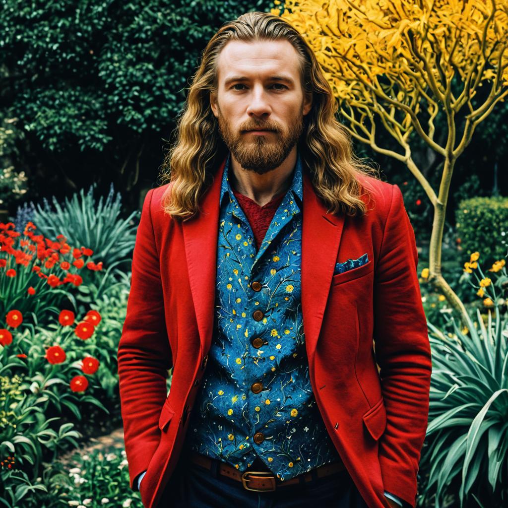Stylish Man in Red Blazer and Blue Floral Vest in Vibrant Garden Stylish Man in Red Blazer and Blue Floral Vest in Vibrant Garden