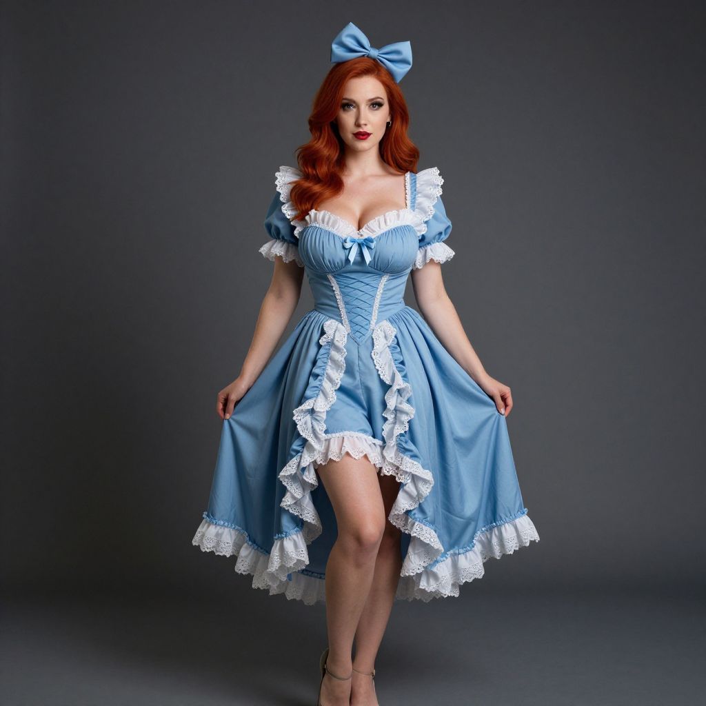 Vintage-Inspired Blue Dress with White Lace and Bow Fashion Portrait