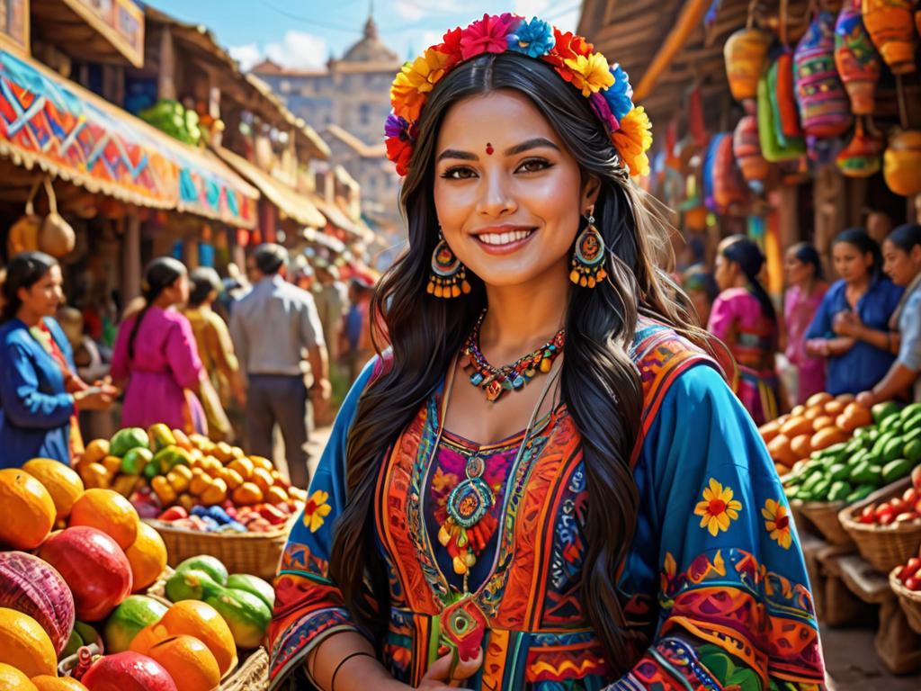 Peruvian Woman in Traditional Clothing at Market