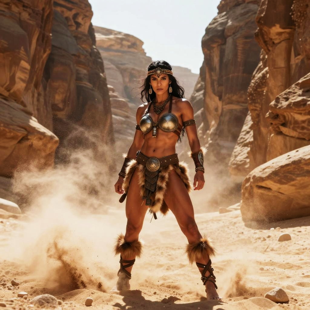 Fierce Tribal Woman Warrior in Desert Canyon