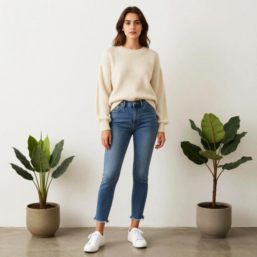 Young Woman in Cozy Sweater and Blue Jeans Standing with Potted Plants